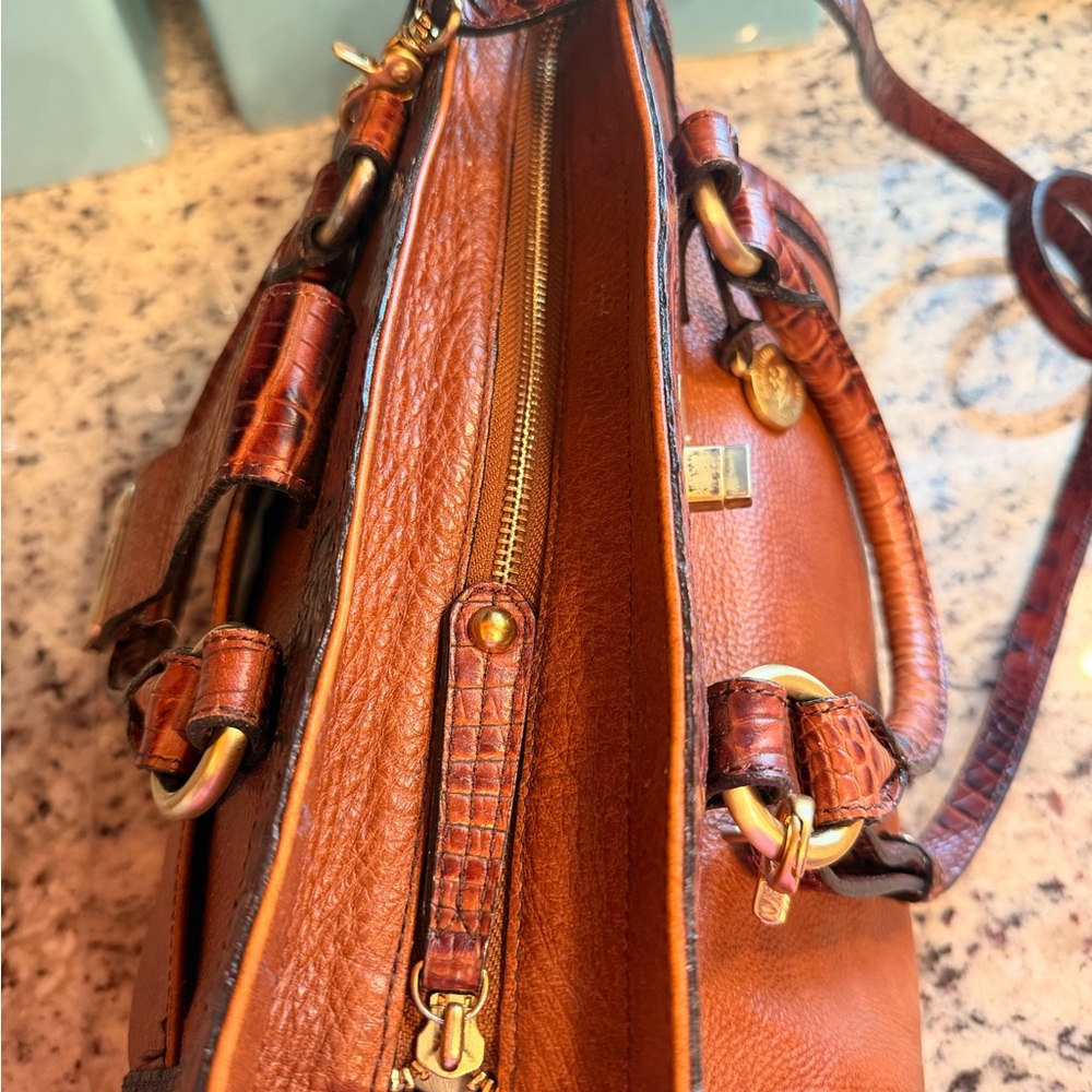 Brahmin Tan and Croc-Trim Leather Satchel with Gold Hardware/ Crossbody Strap - Picture 8 of 9